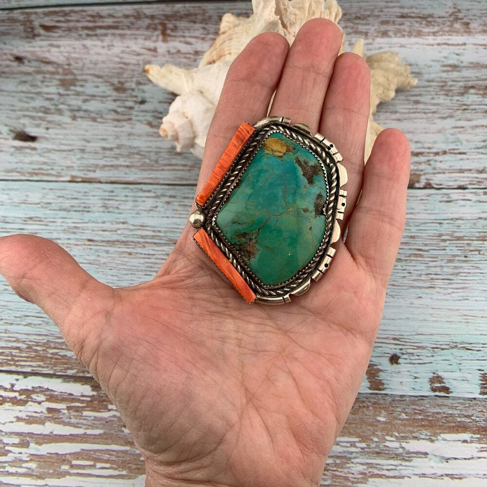 Huge Turquoise & Spiny Oyster Sterling Silver Navajo Native American Vtg Ring - Picture 2 of 11